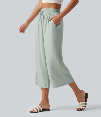 High Waisted Drawstring Wide Leg Cropped Casual Linen-Blend Pants with Pockets High Waisted Drawstring Wide Leg Cropped Casual Linen-Blend Pants with Pockets