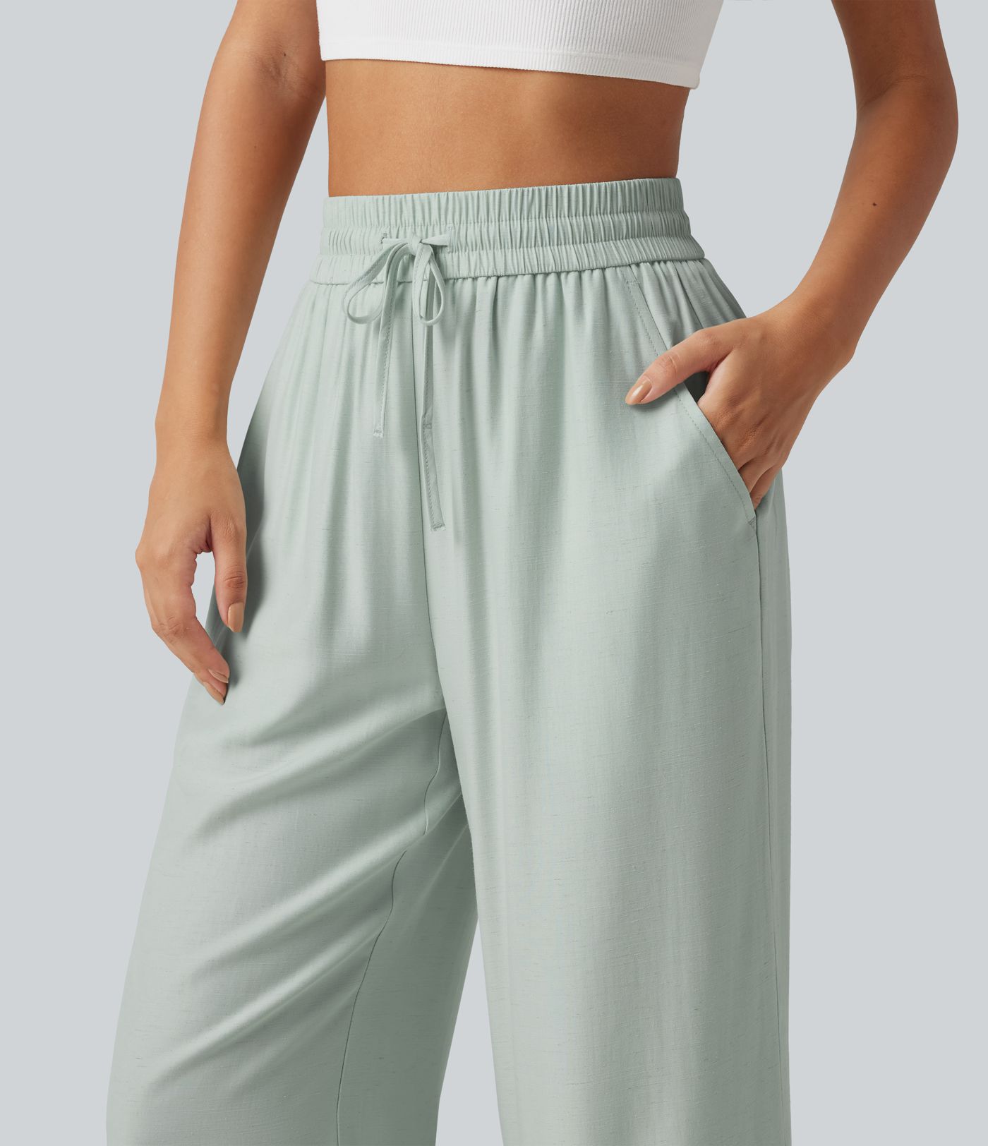 High Waisted Drawstring Wide Leg Cropped Casual Linen-Blend Pants with Pockets High Waisted Drawstring Wide Leg Cropped Casual Linen-Blend Pants with Pockets