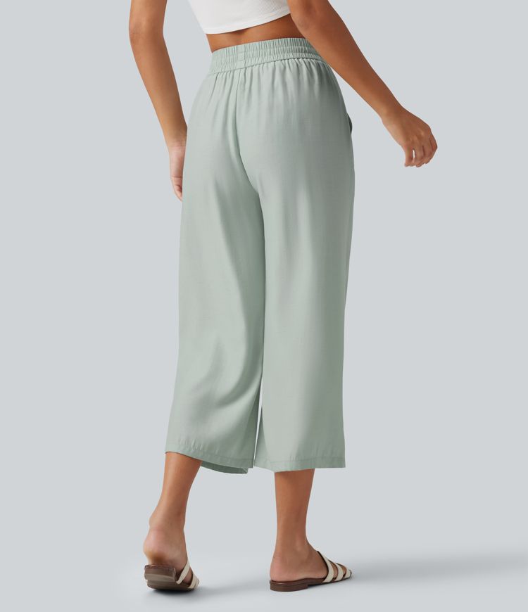High Waisted Drawstring Wide Leg Cropped Casual Linen-Blend Pants with Pockets High Waisted Drawstring Wide Leg Cropped Casual Linen-Blend Pants with Pockets