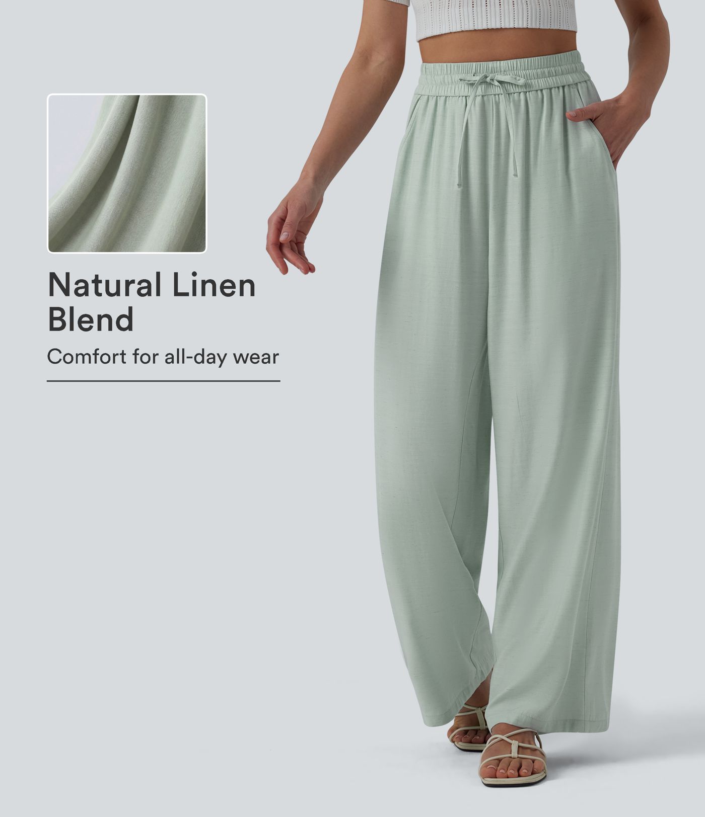 High Waisted Drawstring Wide Leg Casual Linen-Blend Trousers with Pockets High Waisted Drawstring Wide Leg Casual Linen-Blend Trousers with Pockets
