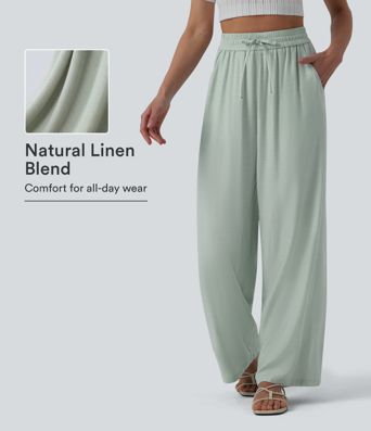 High Waisted Drawstring Wide Leg Casual Linen-Blend Trousers with Pockets High Waisted Drawstring Wide Leg Casual Linen-Blend Trousers with Pockets