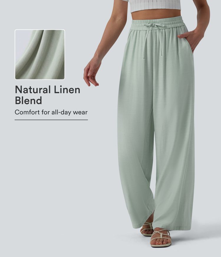 High Waisted Drawstring Wide Leg Casual Linen-Blend Trousers with Pockets High Waisted Drawstring Wide Leg Casual Linen-Blend Trousers with Pockets