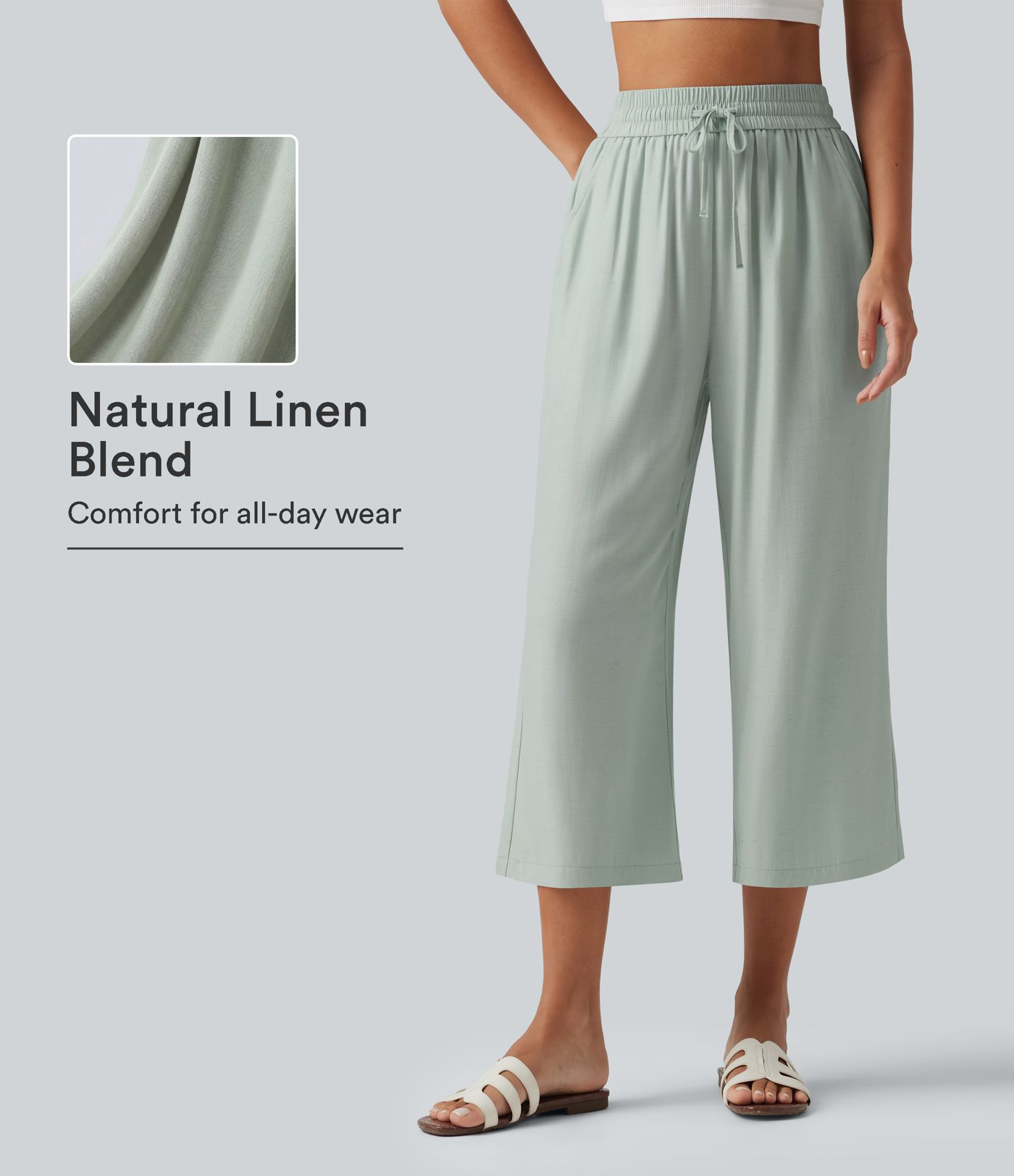 High Waisted Drawstring Wide Leg Cropped Casual Linen-Blend Pants with Pockets High Waisted Drawstring Wide Leg Cropped Casual Linen-Blend Pants with Pockets