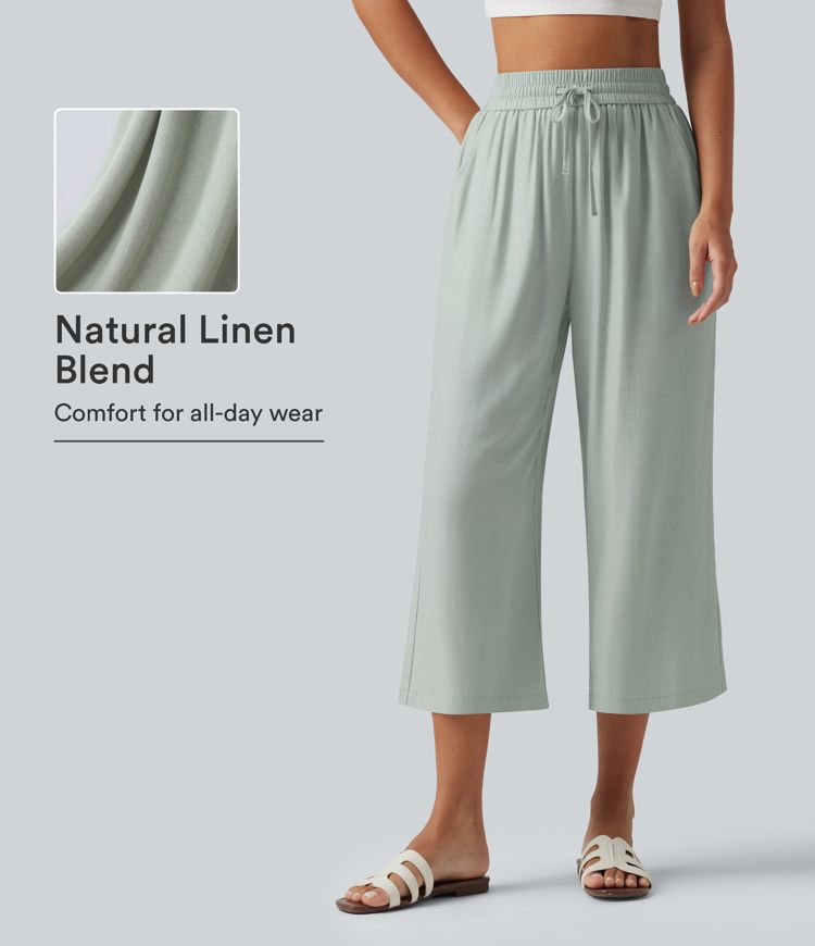 High Waisted Drawstring Wide Leg Cropped Casual Linen-Blend Pants with Pockets High Waisted Drawstring Wide Leg Cropped Casual Linen-Blend Pants with Pockets