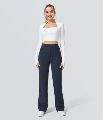 DayStretch High Waisted Pockets Straight Leg Casual Pants DayStretch High Waisted Pockets Straight Leg Casual Pants