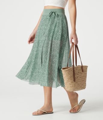 High Waisted Drawstring Leopard Print Contrast Mesh 2-in-1 Flowy Midi Flare Resort Skirt with Pockets