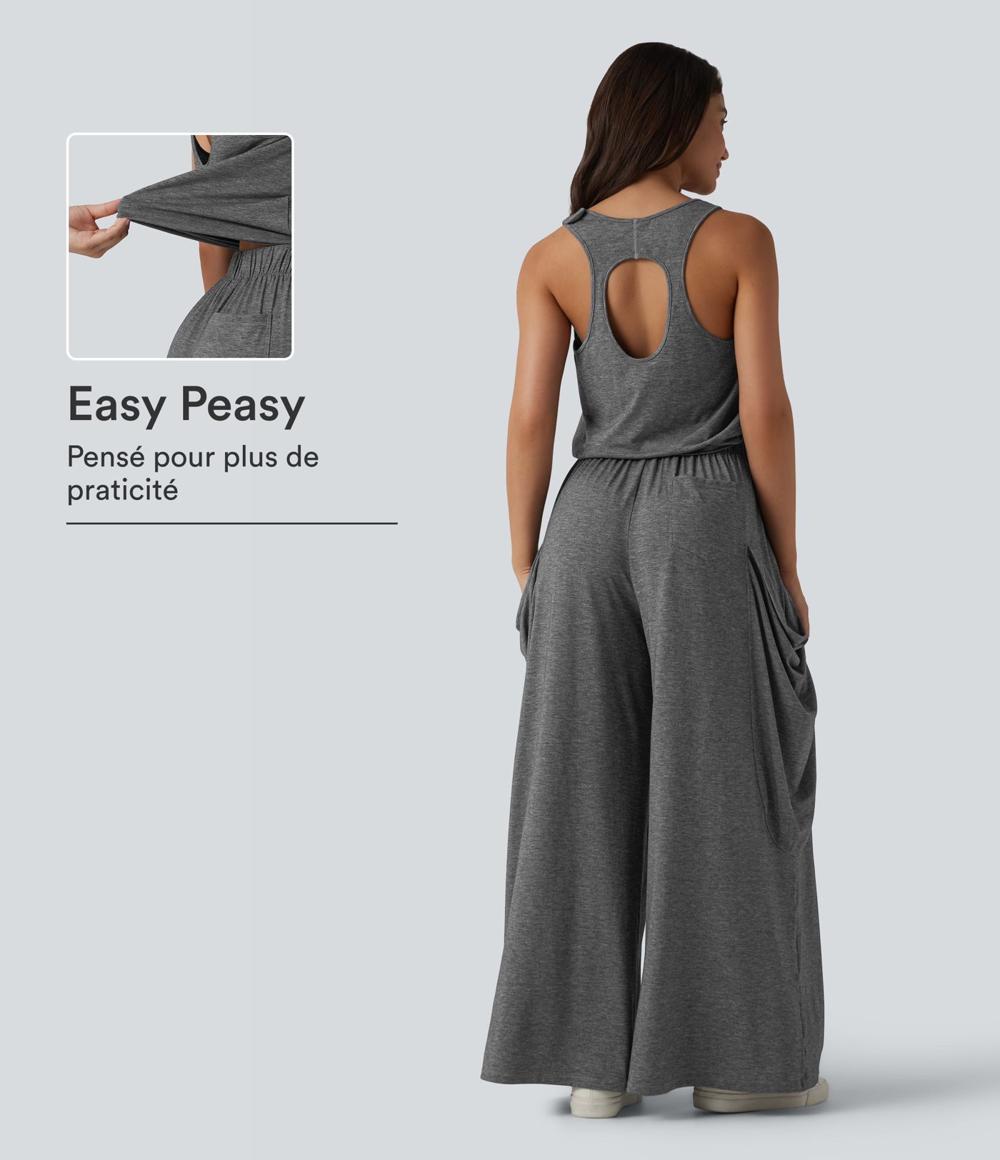 Combinaison décontractée à découpe sans manches jambes larges avec poches, édition Easy-Peezy Combinaison décontractée à découpe sans manches jambes larges avec poches, édition Easy-Peezy