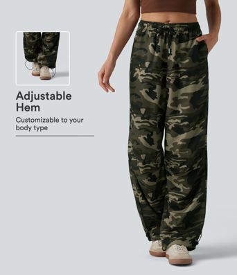 Mid Rise Drawstring Camo Casual Cargo Baggy Pants with Pockets