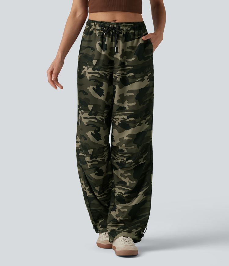 Mid Rise Drawstring Camo Casual Cargo Baggy Pants with Pockets Mid Rise Drawstring Camo Casual Cargo Baggy Pants with Pockets