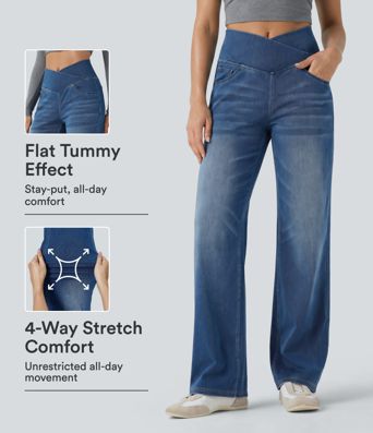 Halara Flex™ Crossover High Waisted Tummy Control Casual Straight Leg Jeans with Pockets