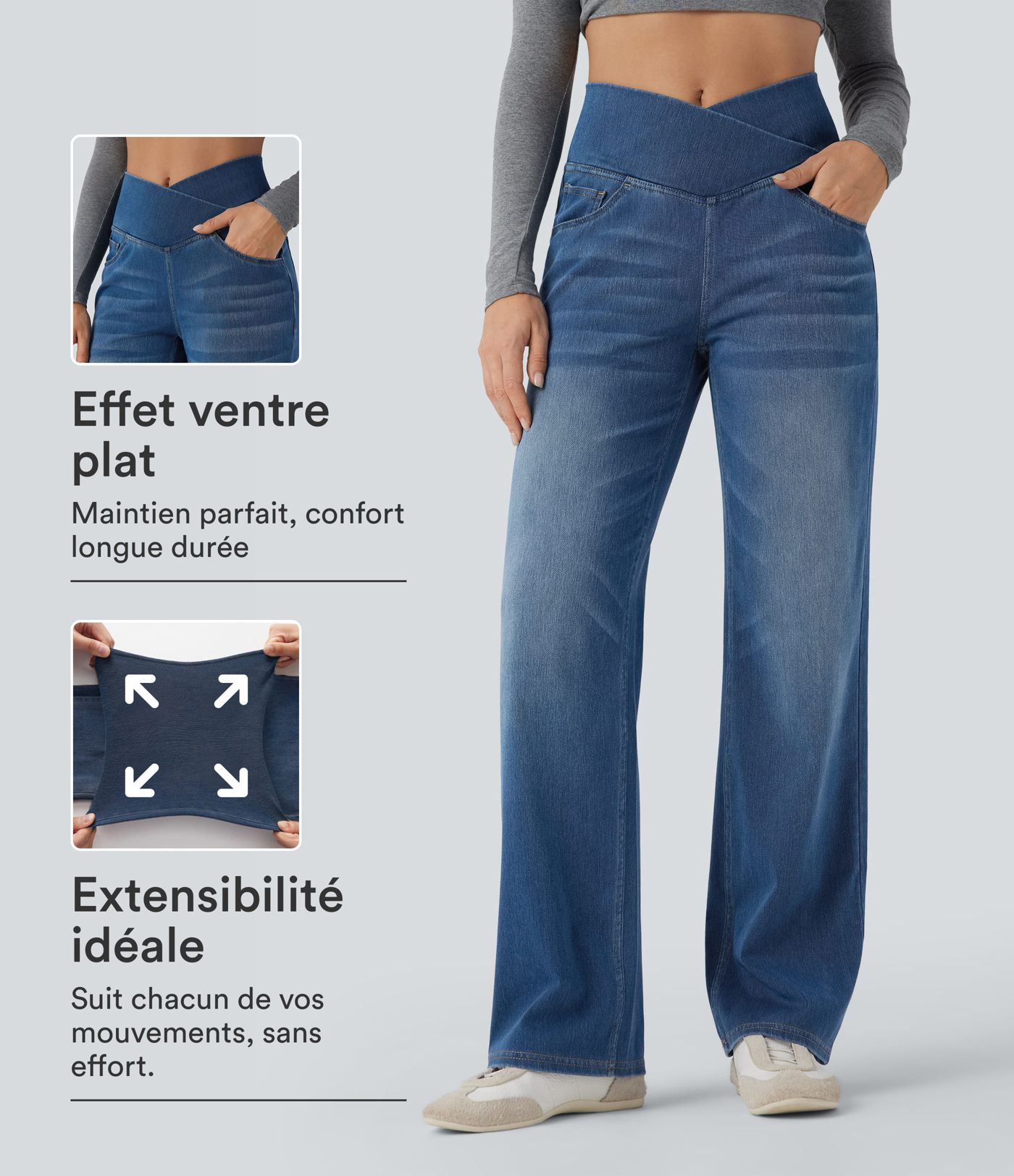 Jean droit décontracté croisé gainant taille haute avec poches Halara Flex™ Jean droit décontracté croisé gainant taille haute avec poches Halara Flex™
