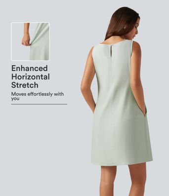 Round Neck Sleeveless Cotton Linen Mini Casual Dress with Pockets