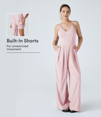 V-Neck Backless Invisible Zipper 2-in-1 Casual Slip Baggy Jumpsuit with Pockets