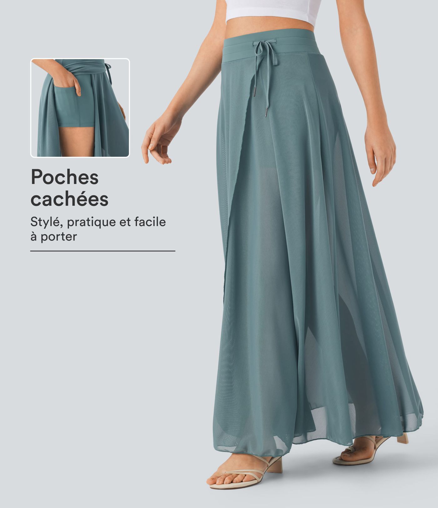 Jupe longue fluide 2-en-1 taille haute avec empiècements en résille Jupe longue fluide 2-en-1 taille haute avec empiècements en résille