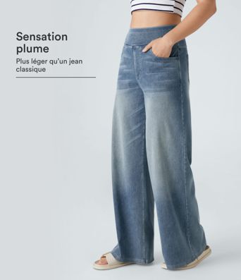 Halara Flex™ Jean Large Casual Taille Haute Poches Multiples Tricot Extensible Délavé Halara Flex™ Jean Large Casual Taille Haute Poches Multiples Tricot Extensible Délavé