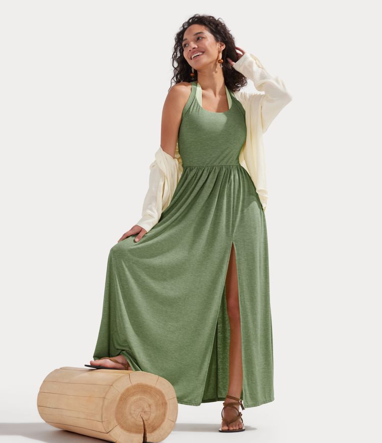 Robe maxi fluide de villégiature, dos nu torsadé, fendue, avec poches