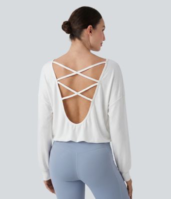 Crisscross Backless Scoop Neck Long Sleeve Yoga Cotton Sports Top