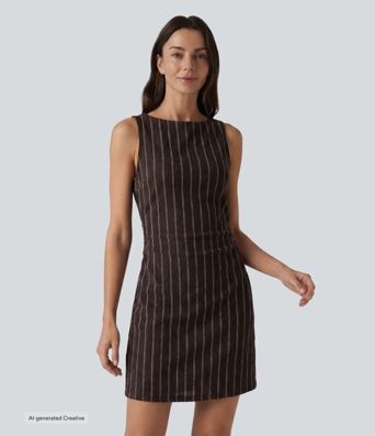 Boat Neck Sleeveless Striped Mini Casual Dress with Pockets