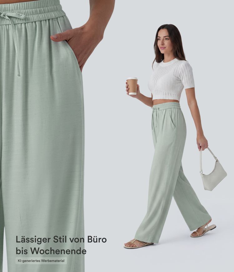 Lässige Leinen-Hose mit hohem Bund, Kordelzug, weitem Bein und Taschen