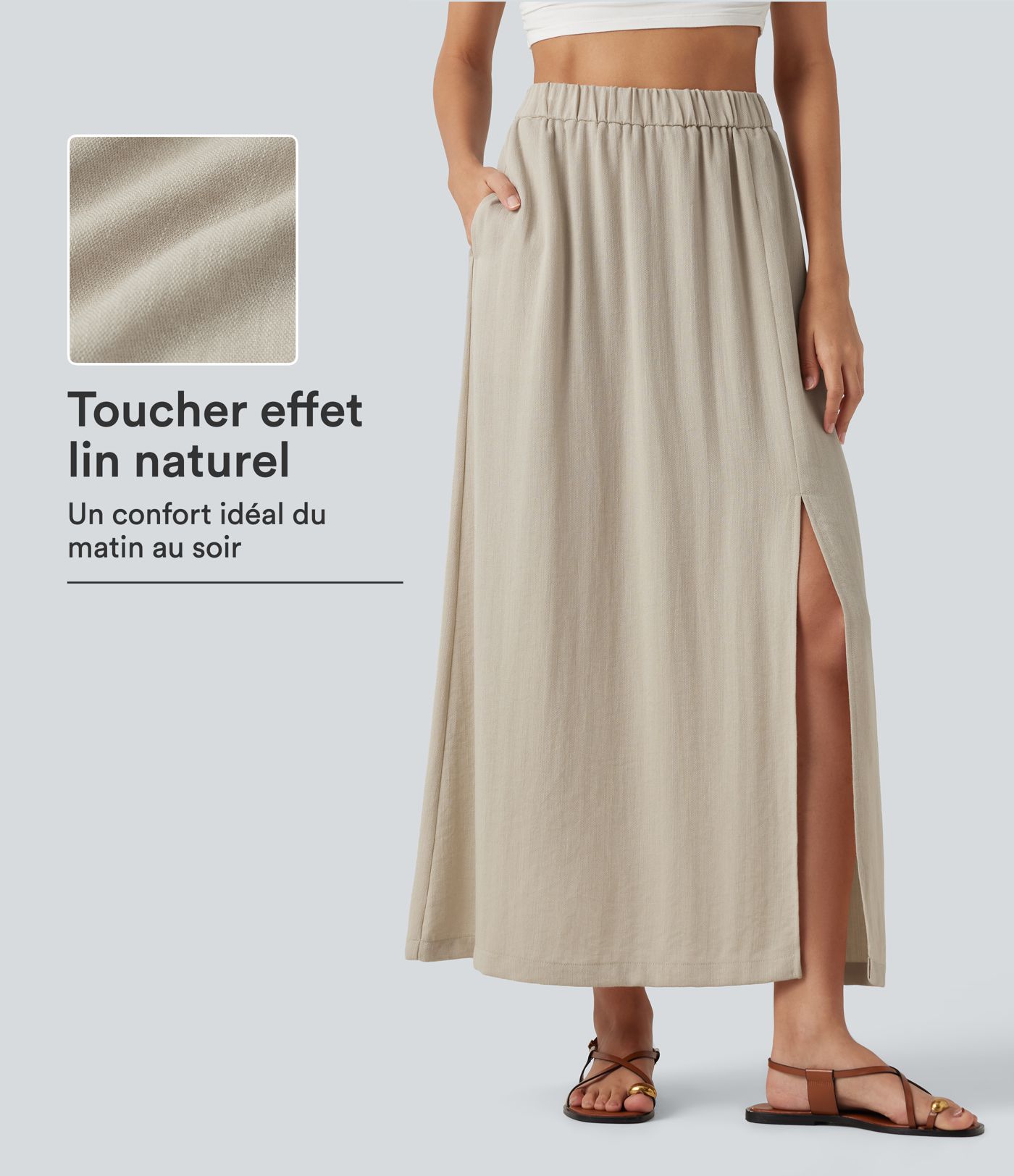 Jupe maxi effet lin taille haute avec fente à l’ourlet et poches Jupe maxi effet lin taille haute avec fente à l’ourlet et poches