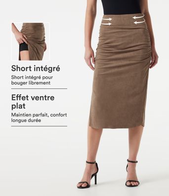 Jupe-short midi moulante taille haute effet ventre plat en suédine froncée