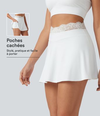 Jupe-short de tennis mini taille haute SoftlyZero™ Airy effet frais InstantCool avec dentelle contrastée, poches et protection solaire UPF50+ Jupe-short de tennis mini taille haute SoftlyZero™ Airy effet frais InstantCool avec dentelle contrastée, poches et protection solaire UPF50+