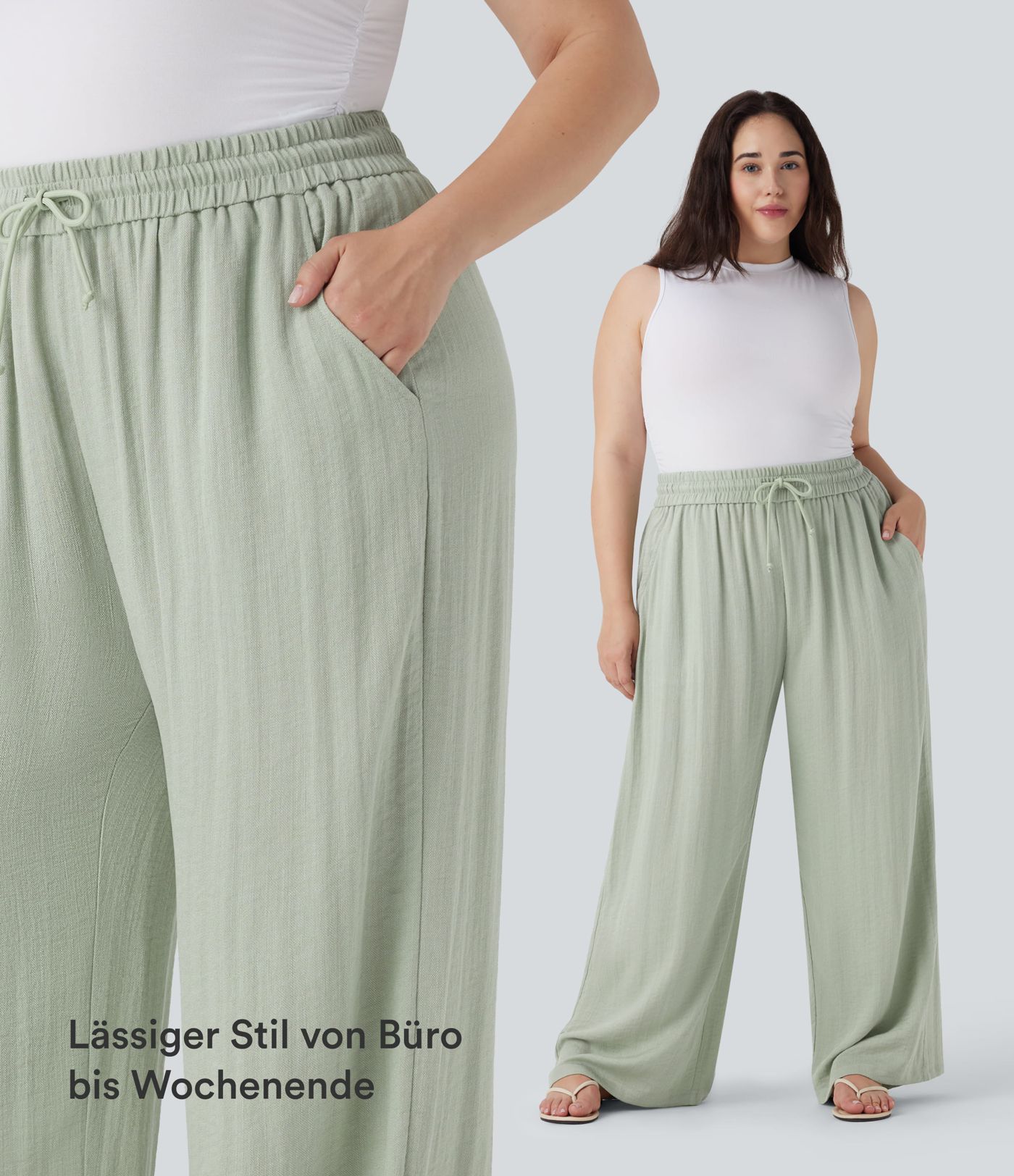 High Waisted Drawstring Linen-Feel Wide Leg Casual Plus Size Pants with Pockets