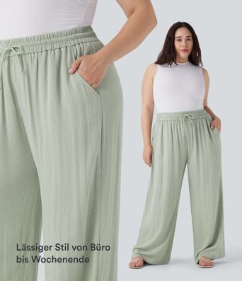 High Waisted Drawstring Linen-Feel Wide Leg Casual Plus Size Pants with Pockets