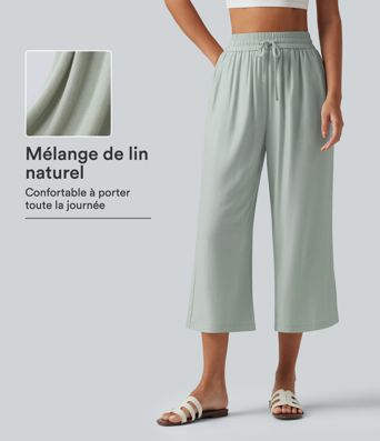 Pantalon large court taille haute en lin mélangé avec cordon de serrage et poches Pantalon large court taille haute en lin mélangé avec cordon de serrage et poches