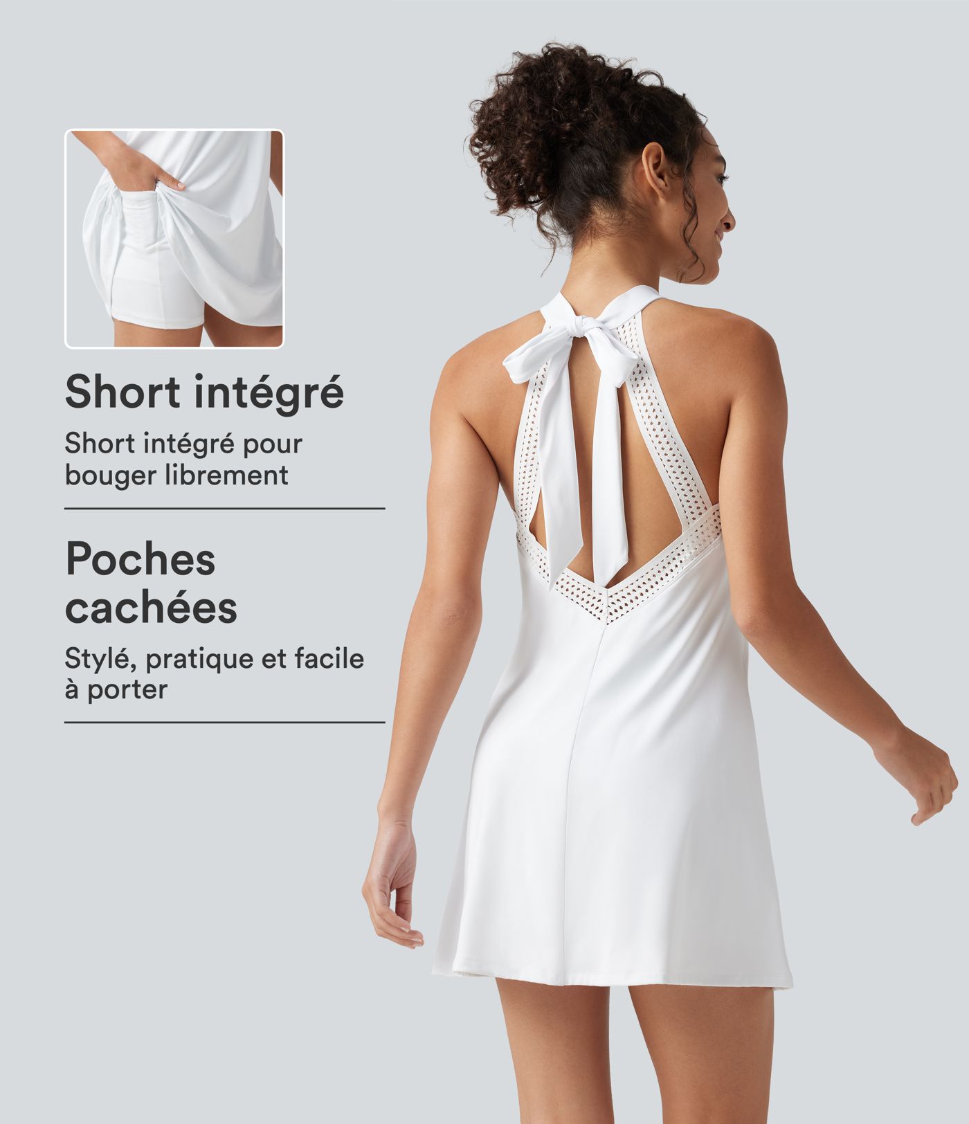 Robe-short mini SoftlyZero™ Airy effet frais InstantCool pour le yoga longueur allongée avec dos noué, coussinets amovibles, poche et protection solaire UPF50+ Robe-short mini SoftlyZero™ Airy effet frais InstantCool pour le yoga longueur allongée avec dos noué, coussinets amovibles, poche et protection solaire UPF50+