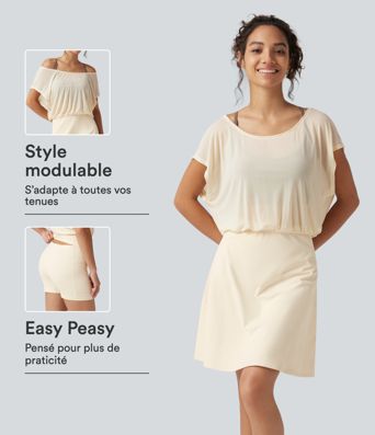 Robe-short mini SoftlyZero™ Plush pour le yoga à encolure bateau, manches courtes et poches - Easy Peasy Robe-short mini SoftlyZero™ Plush pour le yoga à encolure bateau, manches courtes et poches - Easy Peasy
