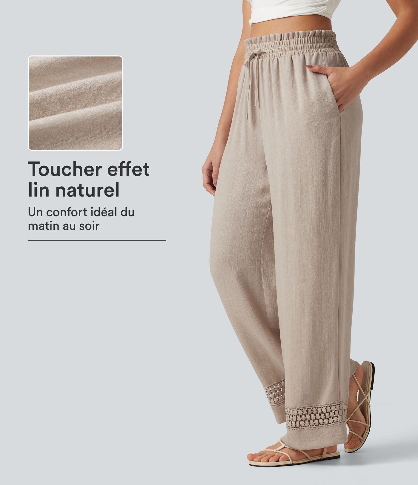 Pantalon effet lin taille haute avec cordon de serrage, bord volanté et poches Pantalon effet lin taille haute avec cordon de serrage, bord volanté et poches