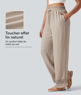 Pantalon effet lin taille haute avec cordon de serrage, bord volanté et poches Pantalon effet lin taille haute avec cordon de serrage, bord volanté et poches
