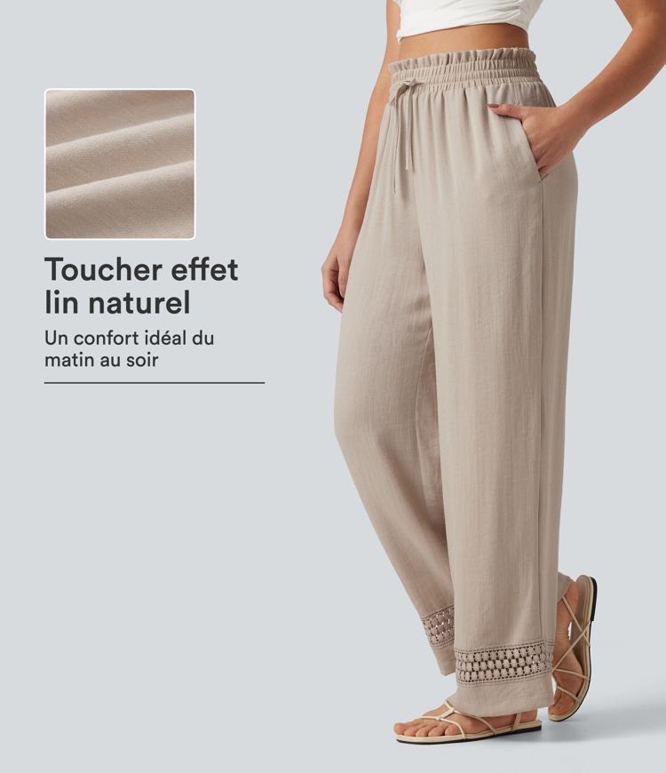Pantalon effet lin taille haute avec cordon de serrage, bord volanté et poches Pantalon effet lin taille haute avec cordon de serrage, bord volanté et poches