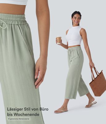 Lässige Hose mit hohem Bund, Kordelzug, weitem Bein und verkürzter Länge, Leinenoptik, mit Seitentaschen