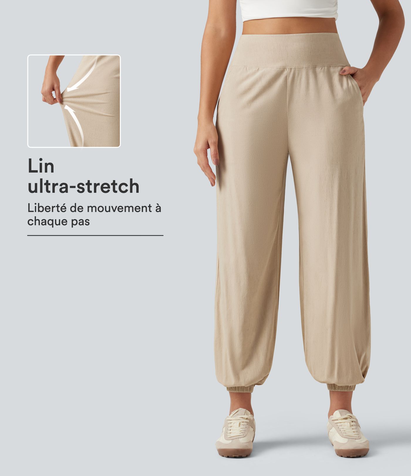 Pantalon de jogging taille haute en lin stretch avec poches Pantalon de jogging taille haute en lin stretch avec poches