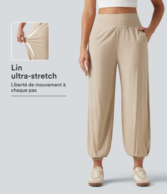 Pantalon de jogging taille haute en lin stretch avec poches Pantalon de jogging taille haute en lin stretch avec poches