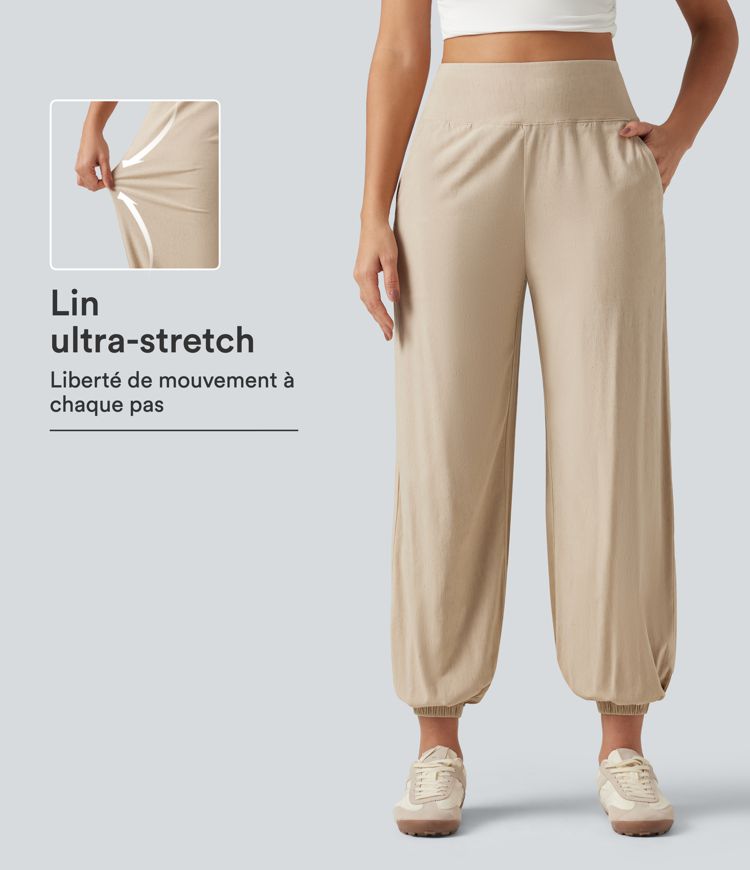 Pantalon de jogging taille haute en lin stretch avec poches Pantalon de jogging taille haute en lin stretch avec poches