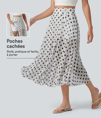 Jupe-short midi fluide évasée taille haute style vacances en mesh à pois avec cordon de serrage et poches Jupe-short midi fluide évasée taille haute style vacances en mesh à pois avec cordon de serrage et poches