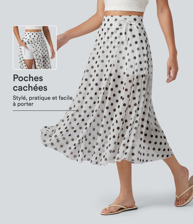Jupe-short midi fluide évasée taille haute style vacances en mesh à pois avec cordon de serrage et poches Jupe-short midi fluide évasée taille haute style vacances en mesh à pois avec cordon de serrage et poches