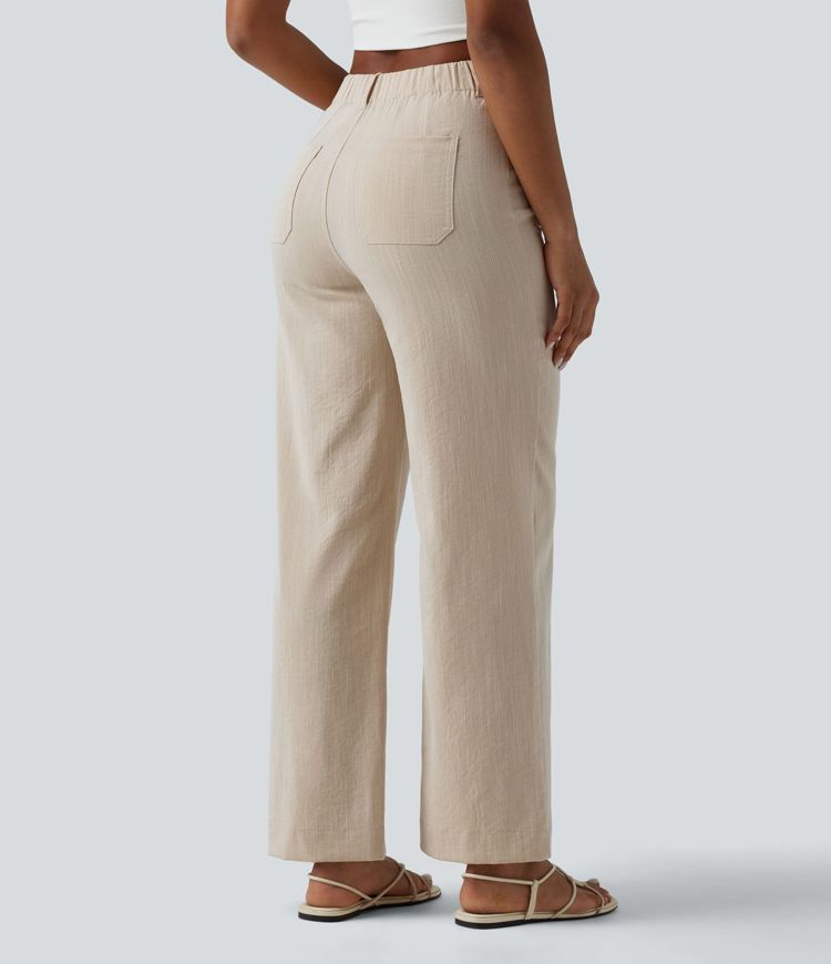 High Waisted Straight Leg Casual Linen-Feel Pants with Pockets High Waisted Straight Leg Casual Linen-Feel Pants with Pockets