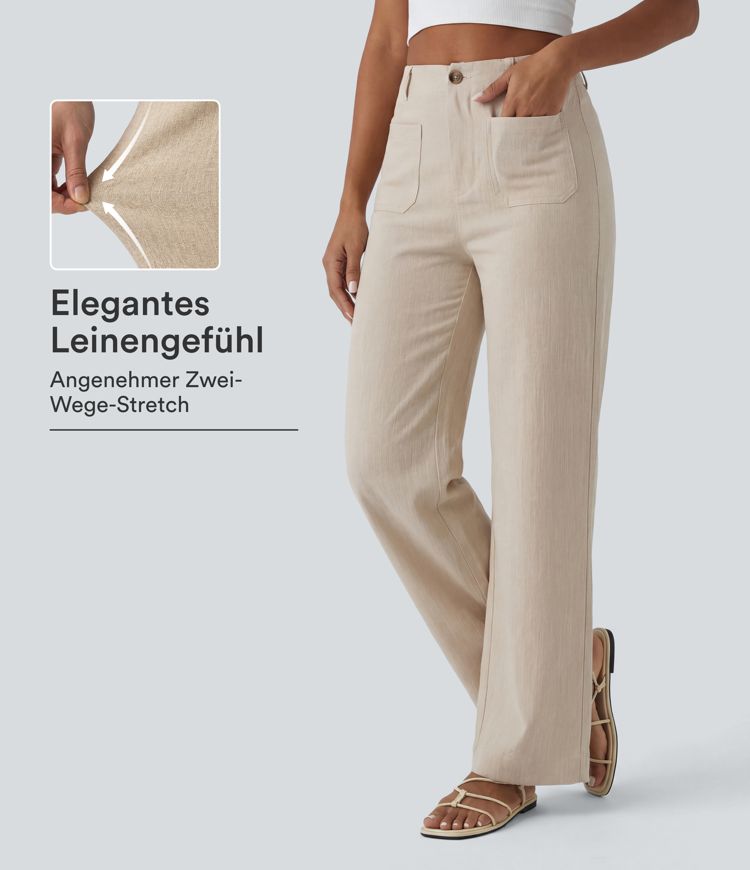 Lässige Hose in Leinenoptik mit hohem Bund, mehreren Taschen und geradem Bein Lässige Hose in Leinenoptik mit hohem Bund, mehreren Taschen und geradem Bein