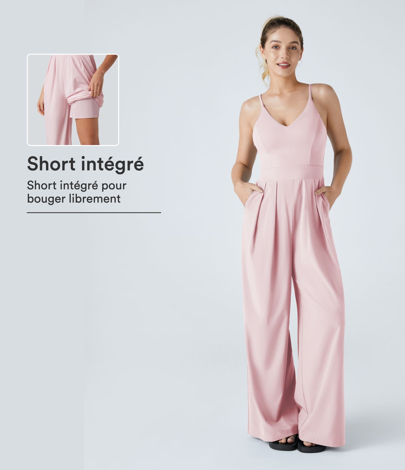 Combinaison baggy 2-en-1 style nuisette col V, dos nu, zip invisible et poches Combinaison baggy 2-en-1 style nuisette col V, dos nu, zip invisible et poches