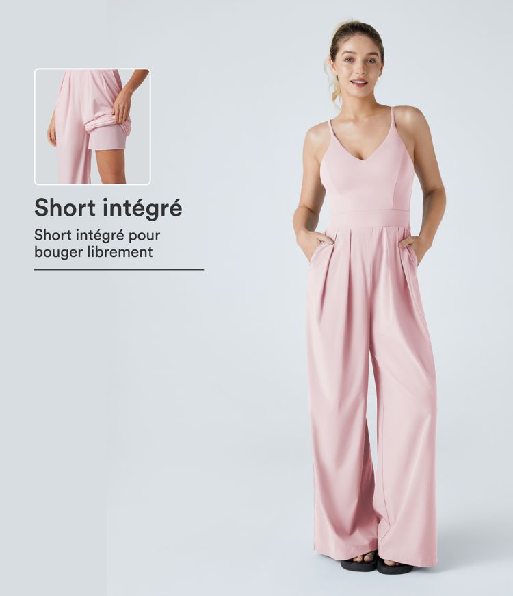 Combinaison baggy 2-en-1 style nuisette col V, dos nu, zip invisible et poches Combinaison baggy 2-en-1 style nuisette col V, dos nu, zip invisible et poches