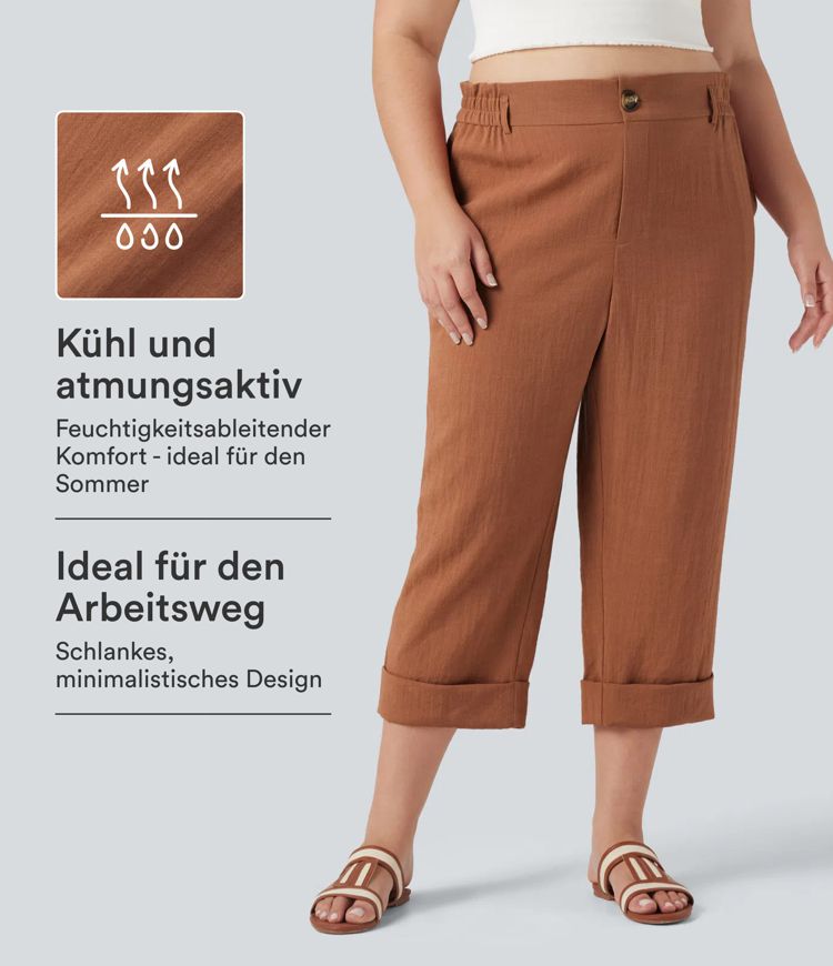 Capri-Hose aus leinenähnlichem Material mit hohem Bund und Seitentaschen - Plus Size Capri-Hose aus leinenähnlichem Material mit hohem Bund und Seitentaschen - Plus Size