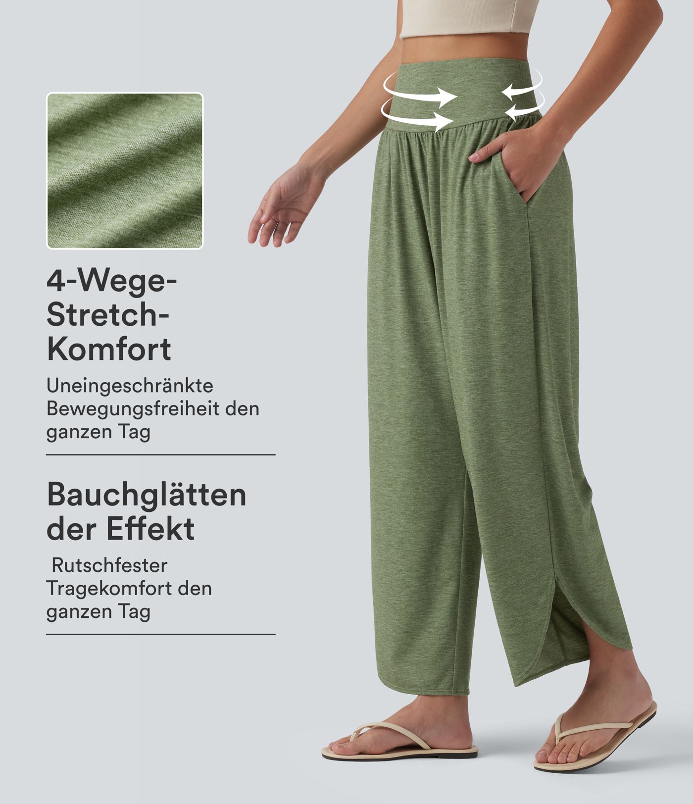 Lässige Hose mit hohem Bund, Seitentaschen, Bauchkontrolle und abgerundetem Saum