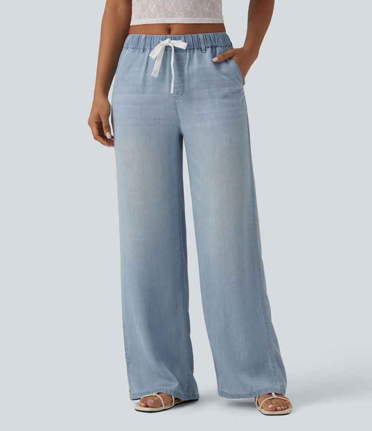 Lässige Jeans aus Lyocell mit mittelhohem Bund, mehreren Taschen und Kordelzug Lässige Jeans aus Lyocell mit mittelhohem Bund, mehreren Taschen und Kordelzug
