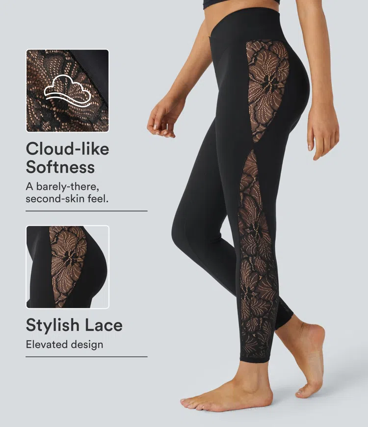 SoftlyZero™ High Waisted Crossover Contrast Lace Pocket Yoga Leggings
