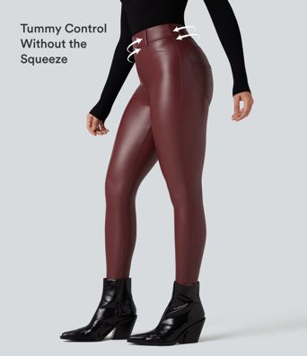 Leggings décontractés taille haute en polaire PU extensible avec poches