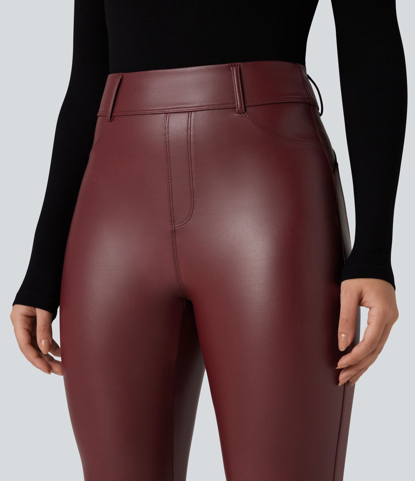 Leggings décontractés taille haute en polaire PU extensible avec poches